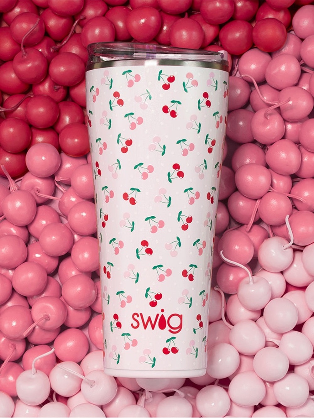 Swig Red & Pink Cherry Pattern Insulated Tumbler 32oz